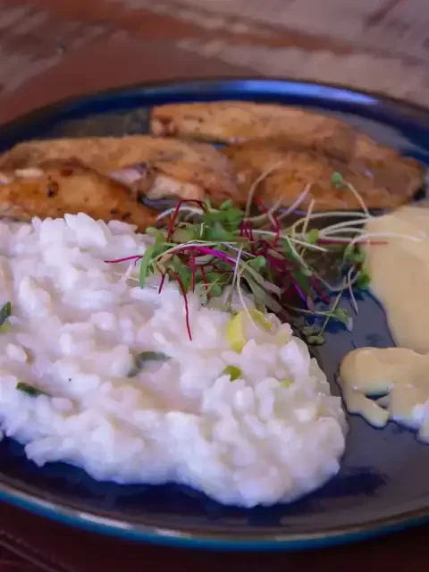 Prato com peixe grelhado, purê de batatas e salada, ambiente aconchegante na Villa Verde.